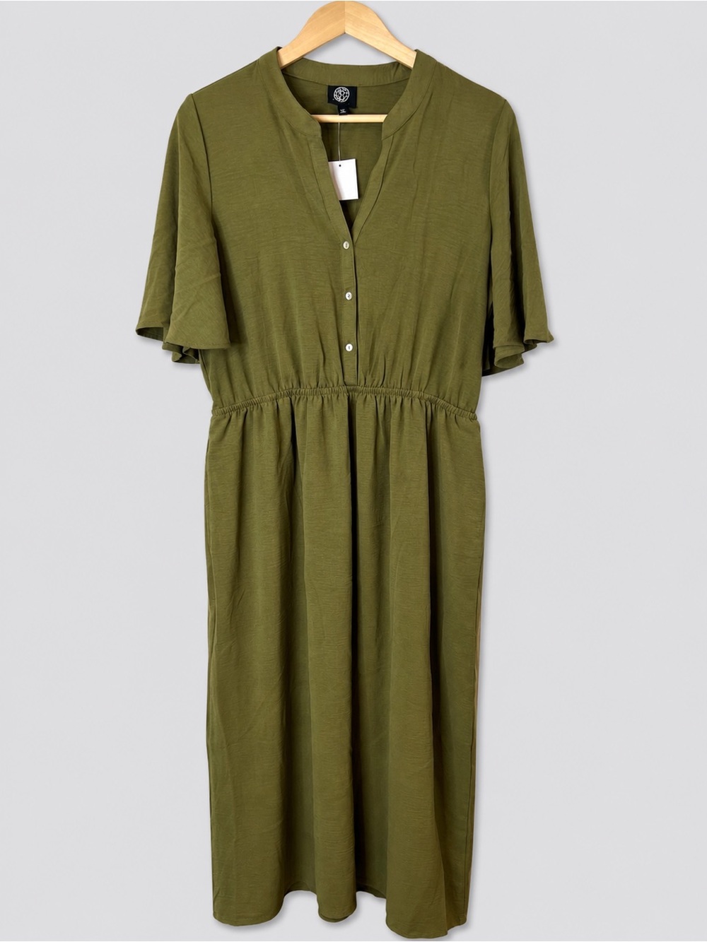 Bobeau Olive Green Midi Dress Flutter Sleeve Button Front Pocket Dress Med NWT